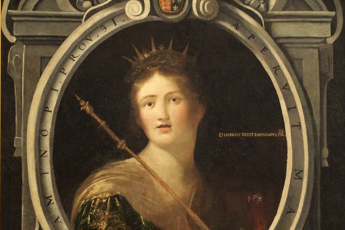 A painted portrait of a crowned young woman in royal dress, holding a long spear, set within an ornate oval stone frame.