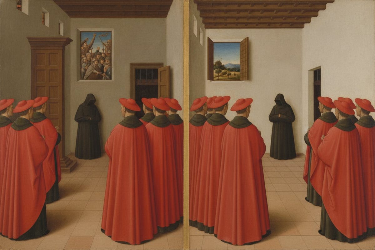 A painted panel split down the middle by a gilt column: on each side a group of churchmen in scarlet mantles and broad red hats, seen from behind, face a small man in a dark hooded robe at the far end of a plain hall; on the left a picture of an angry crowd hangs on the wall, and on the right a window opens onto dry hills and olive trees.