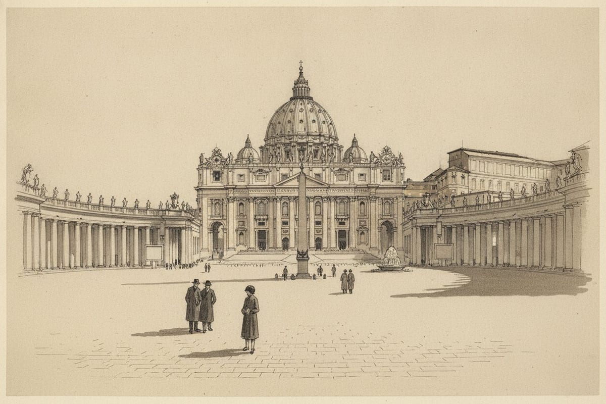 An ink-and-wash drawing of St. Peter's Basilica seen across its square, with the dome, the obelisk, a fountain and the curving colonnade, and a few people in 1930s coats and hats crossing the paving.
