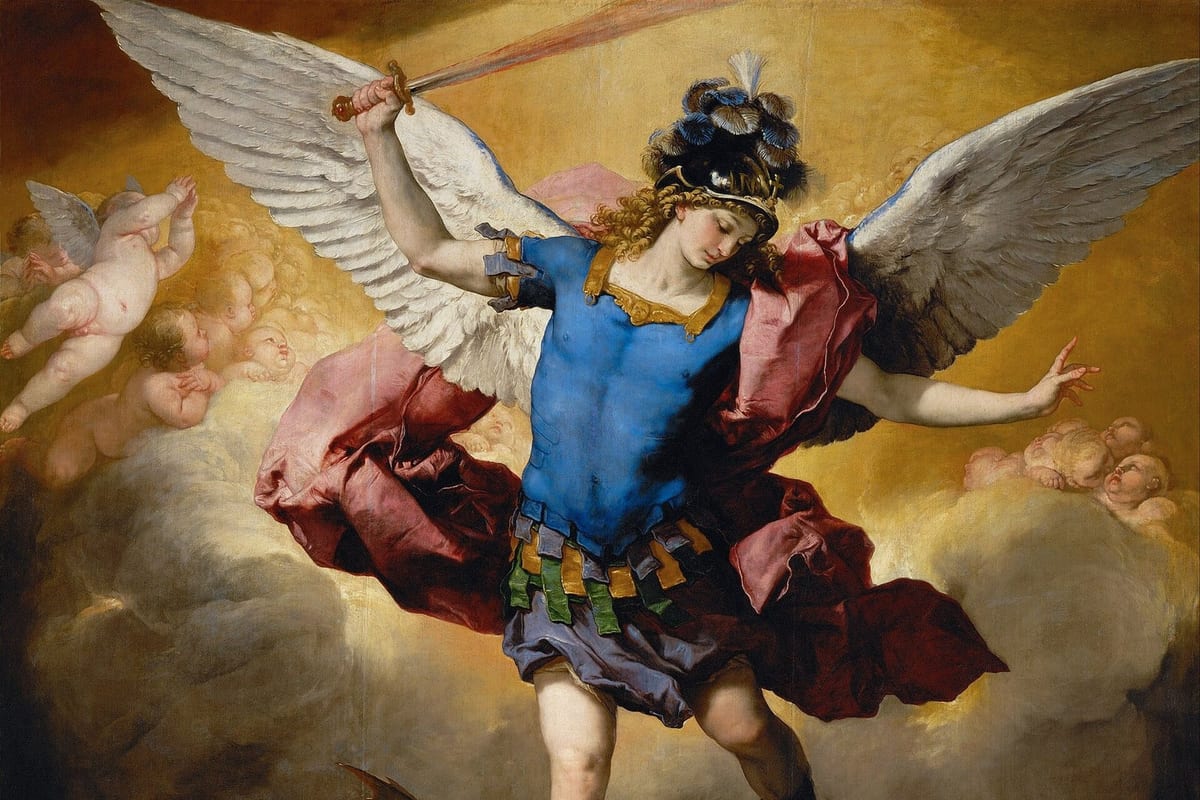 A winged archangel in blue and gold armor and a crimson cloak raises a sword overhead, flanked by cherubs against a golden sky.