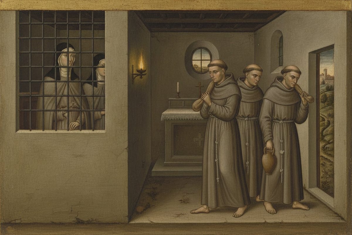 A painting in an early Italian manner of a small stone church. Three barefoot, tonsured friars in grey-brown habits walk towards an open door carrying sacks and a clay jar, while two veiled women watch from behind an iron grille in the wall.
