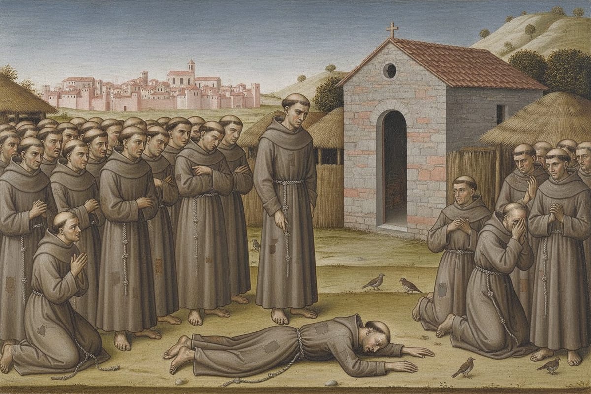 A painting in muted earth tones of barefoot, tonsured friars in patched grey-brown habits gathered before a small stone chapel and straw huts below a hill town, some weeping and kneeling, while one small friar lies face down with arms outstretched at the feet of another who stands looking down at him.