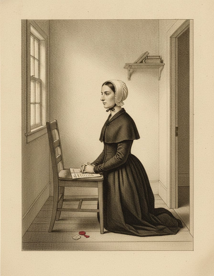 An engraving-style drawing of a young widow in a black gown, short black cape and white cap, kneeling in profile at a plain wooden chair in a narrow room, hands folded over an opened letter, with a window on the left and a door ajar on the right.