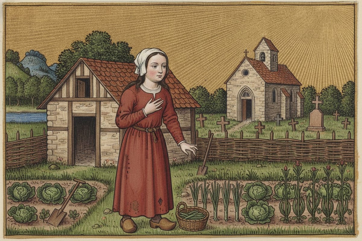 A painting in the style of a medieval manuscript shows a girl in a red wool dress and white linen cap standing among cabbages and leeks in a fenced garden, one hand at her breast, with a small stone church and a graveyard behind her under a gold sky that shines brightest above the church.