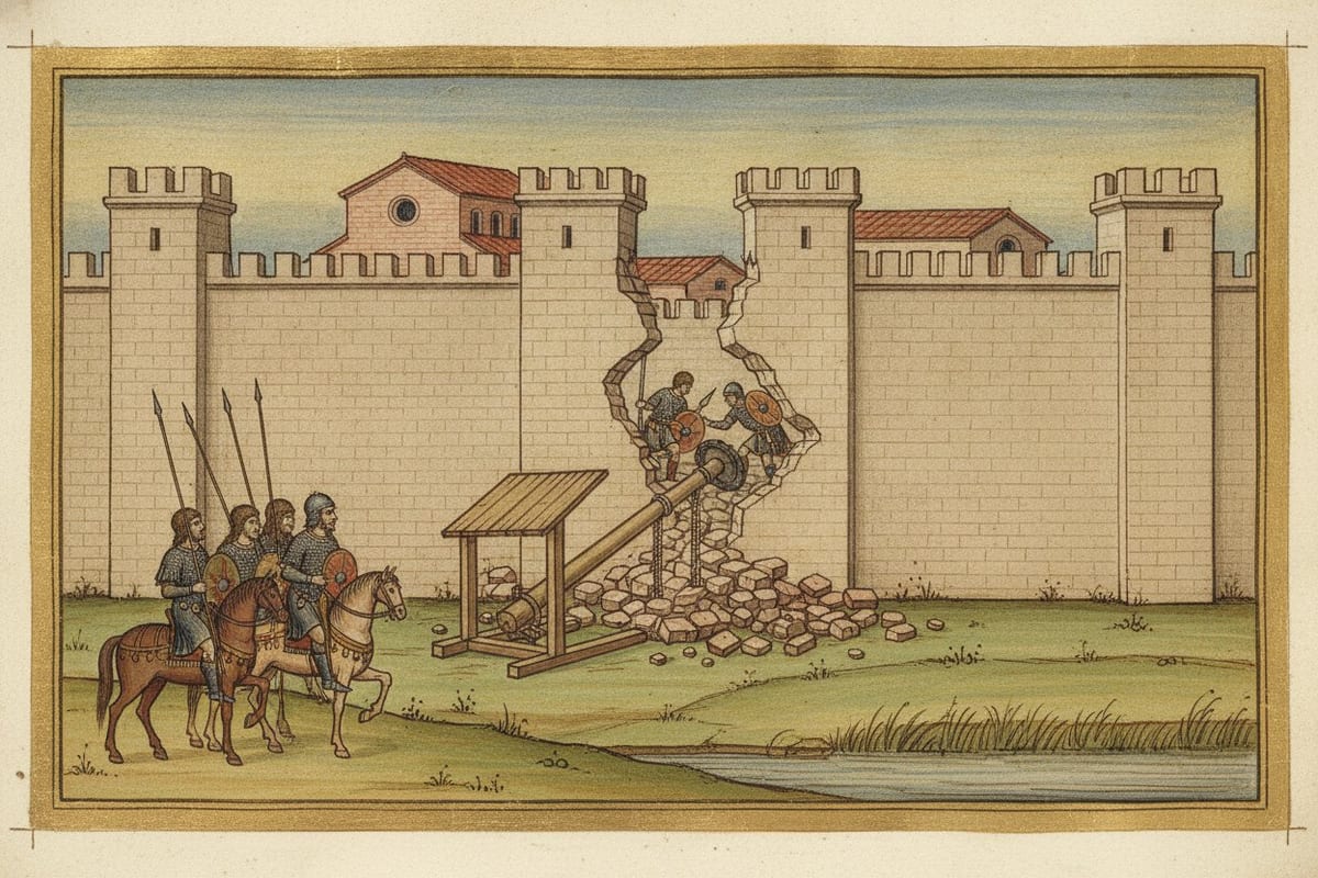 A framed manuscript-style miniature of a pale brick city wall with square crenellated towers, broken open in the middle, where a battering ram lies in a spill of rubble and two soldiers with round shields stand in the gap while four mounted spearmen wait in the foreground beside a reed-edged stream.
