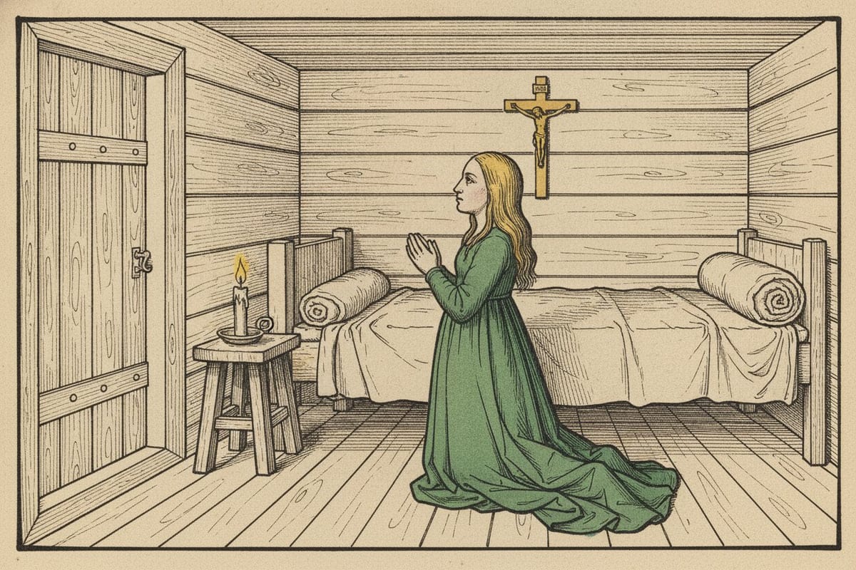 A hand-coloured woodcut-style picture of a young girl with long fair hair, in a long green gown, kneeling in profile with joined hands before a small wooden crucifix on the plank wall of a timber bedroom, with a bed, a candle on a stool and a shut plank door.