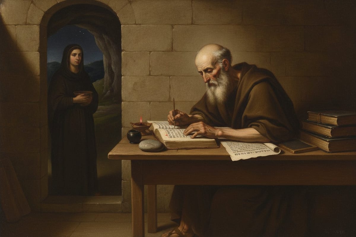 An oil painting of a very old, bald, white-bearded man in a brown wool tunic and cloak writing with a reed pen at a plain wooden table in a stone cell, lit by a small oil lamp, while a young veiled woman holding a clay bowl waits in an arched doorway that opens onto a rocky hillside at night.
