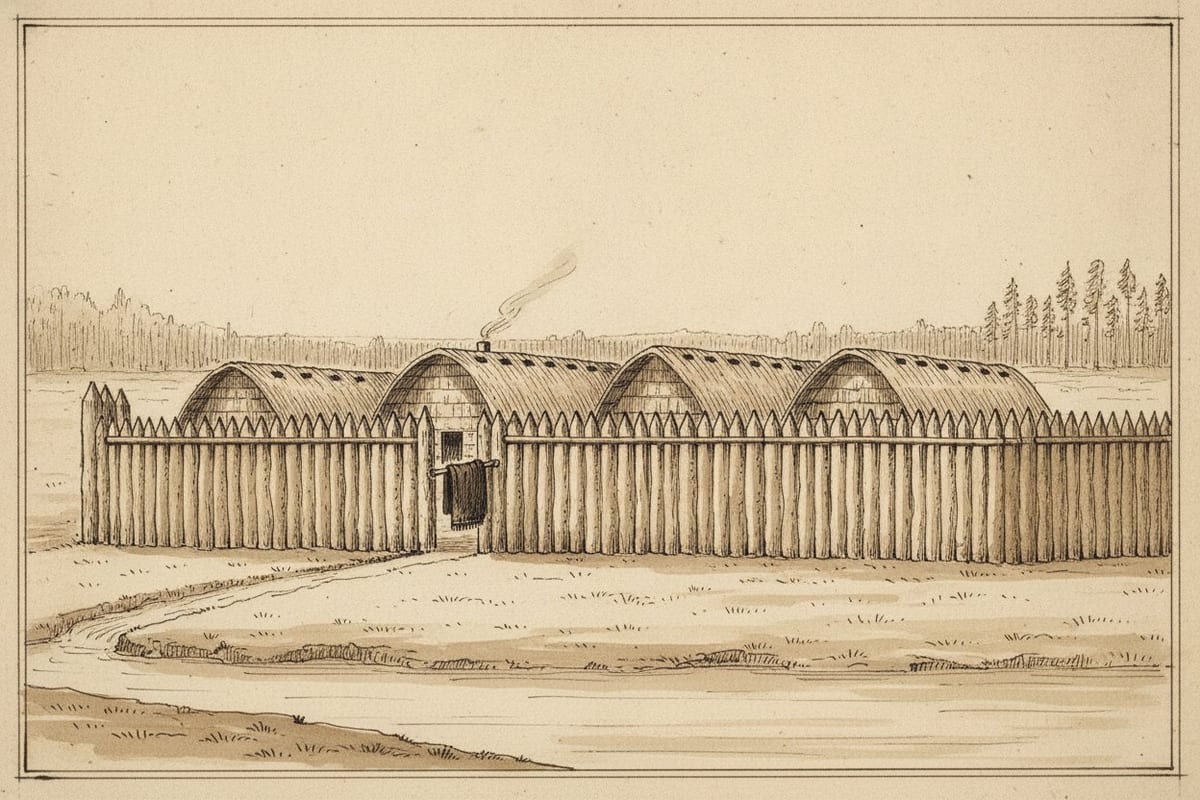 A pen-and-sepia-wash drawing of a Mohawk town seen from outside: a palisade of pointed upright logs, the arched bark roofs of four longhouses rising behind it with a thin thread of smoke from one roof, a dark blanket hanging at the opening in the palisade, and a path winding across open ground toward it, with tall thin trees beyond.