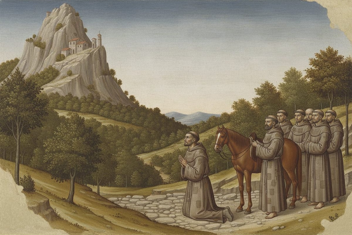 A painting in an early Italian style: a tonsured, bearded friar in a patched grey-brown habit kneels on a stony path with his hands joined, looking back at a rocky peak crowned by small stone buildings, while a friar holding a saddled brown horse and five other barefoot friars stand behind him.