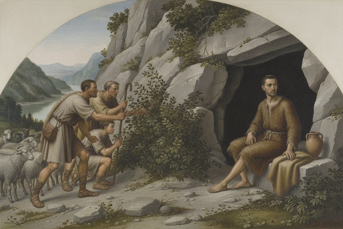 A painting in an arched lunette: three shepherds in rough tunics, one of them a crouching boy, peer through a thicket at a young man in a shaggy garment of skins who sits at the mouth of a cave in a limestone cliff, with sheep and goats behind them and a river gorge falling away below.