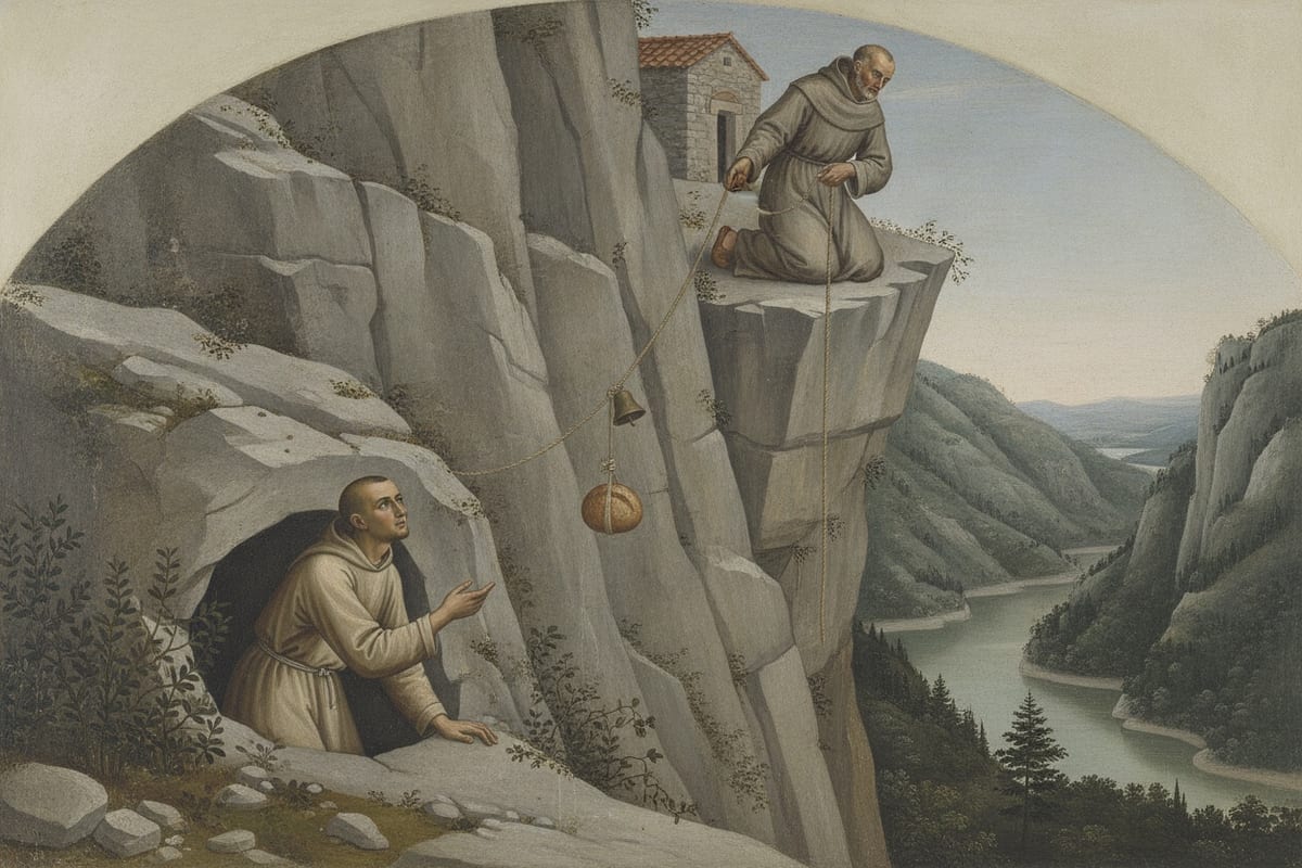 An older monk kneels on an overhanging rock beside a small tiled monastery and lets a rope carrying a bell and a round loaf down a grey cliff to a young monk, who leans out of the mouth of a cave below with his hand raised, a river winding through a wooded gorge beyond.