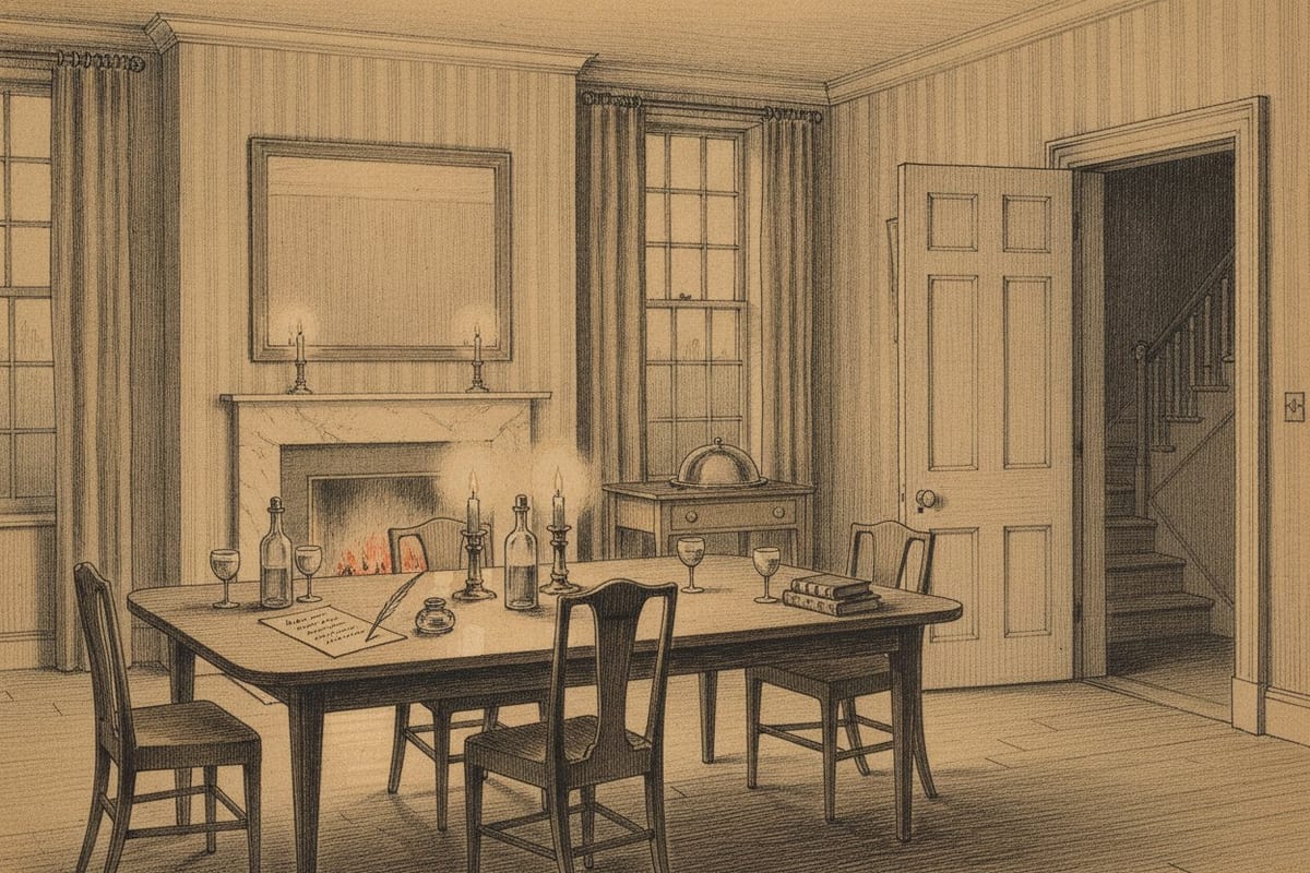 A sepia pencil-and-wash drawing of an empty Regency dining room by candlelight: a mahogany table with bottles, glasses, candlesticks, books and a half-written letter with a quill, a coal fire under a looking-glass, curtained sash windows, and a panelled door standing open onto a dark staircase.