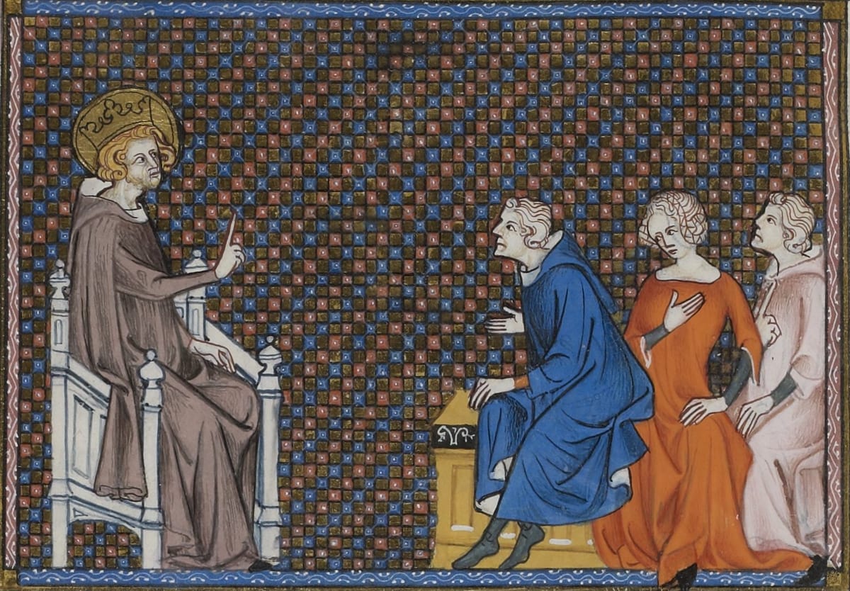 A medieval illumination on a gold-and-blue diapered background: a crowned, haloed king seated on a white throne raises his hand as he speaks, facing three seated young people in blue, orange and pink robes who listen to him.