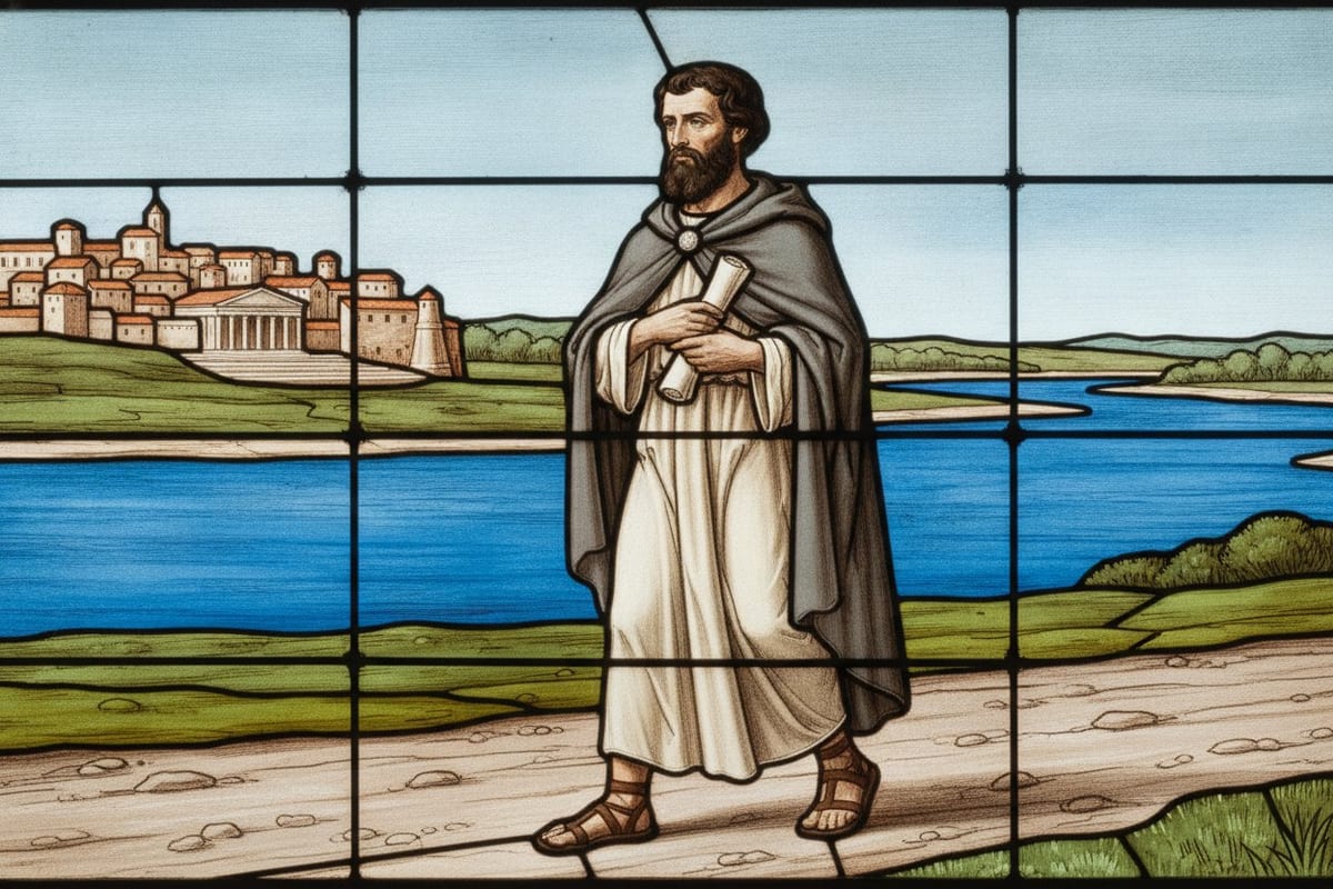A stained-glass-style panel of a dark-bearded man in a cream tunic and grey cloak walking along a road beside a broad blue river, holding a rolled letter to his chest, with a Roman hill town behind him across the water.