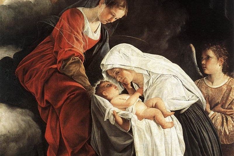 A painting of St. Frances of Rome in a white veil, cradling the Christ Child, with the Blessed Virgin Mary in a red robe beside her and a winged angel standing at her side.