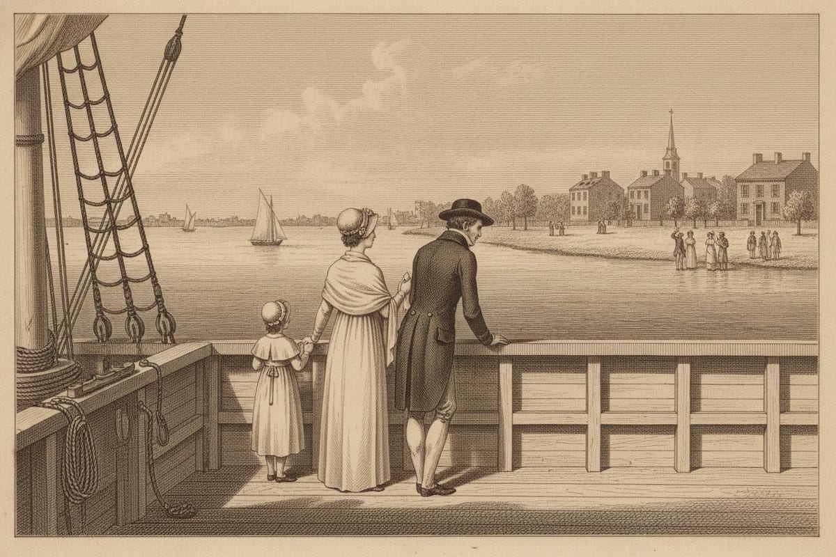 A sepia engraving of a woman in a pale gown, shawl and bonnet standing at a ship's rail with a small girl and a man in a dark tailcoat and round hat, all seen from behind, looking across the water to a green shore where a line of small figures wave in front of brick houses and a church steeple.