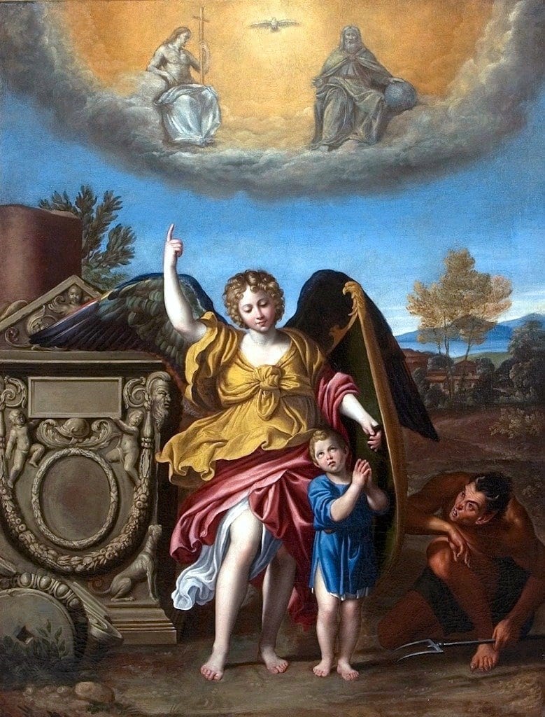 A painting of a winged angel in a gold and red robe standing beside a young child, pointing upward toward a cloud-wreathed heaven, while a demon crouches at their feet; a carved stone altar stands to the left.