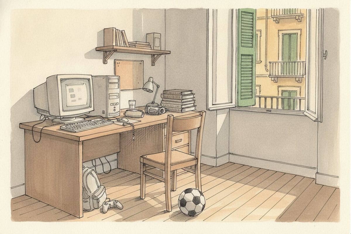 An ink-and-wash drawing of an empty bedroom corner: a wooden desk with a boxy monitor, tower computer, keyboard, camcorder, lamp and stacked books, a chair pushed back, a football and a rucksack on the floorboards, and a window with a green shutter open on an ochre apartment building.