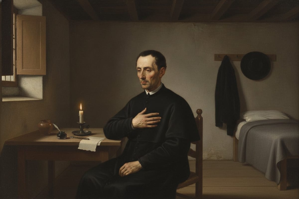A painting of a young priest in a black cassock and small white collar sitting alone in a bare room, his right hand pressed to his chest, beside a table with a lit candle, an inkwell with a quill and a blank sheet of parchment; a black cloak and hat hang on the wall by a narrow bed.