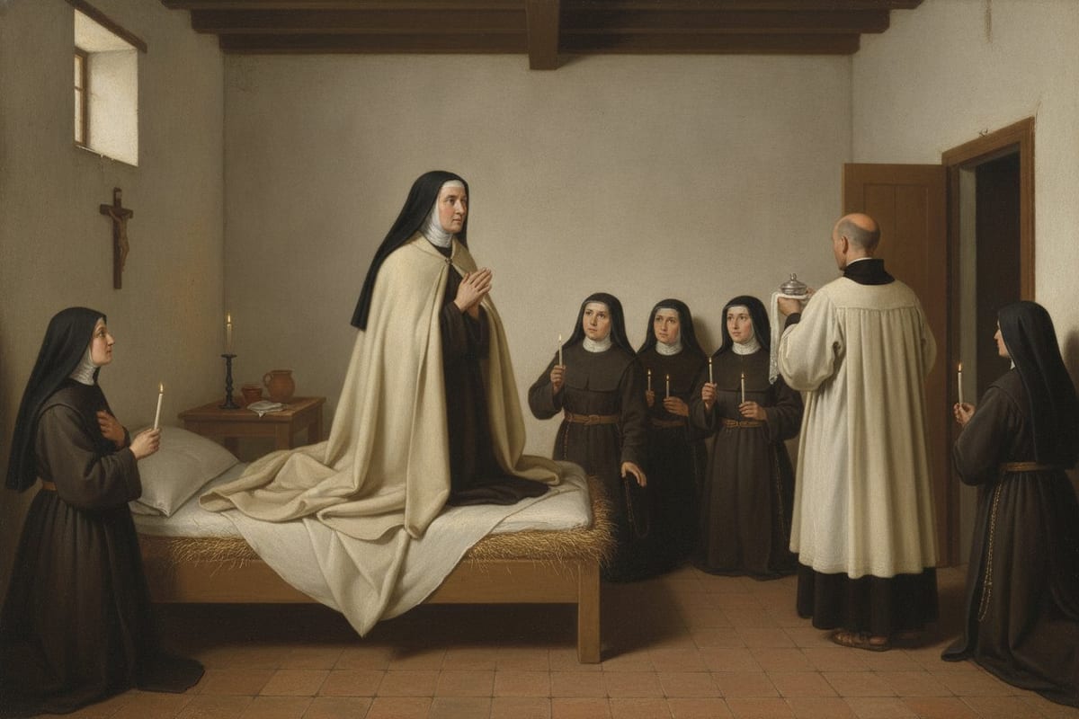 A painting of an elderly Carmelite nun in a black veil and long cream-white mantle kneeling upright on a low straw bed in a bare whitewashed cell, hands joined, facing a priest in a white surplice who stands by the open door with a covered silver vessel, while five nuns kneel around the bed holding lighted candles.