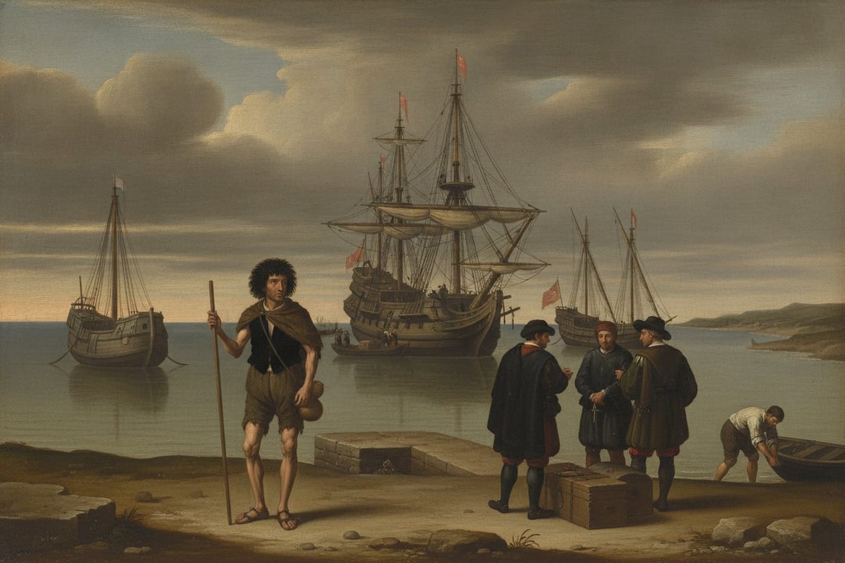 A thin, bare-legged man with thick dark hair, a short brown cloak, a staff and a gourd stands on a stony shore before three sailing ships anchored in calm water under a grey sky, while three cloaked travellers talk beside a corded chest and a sailor hauls a boat ashore.