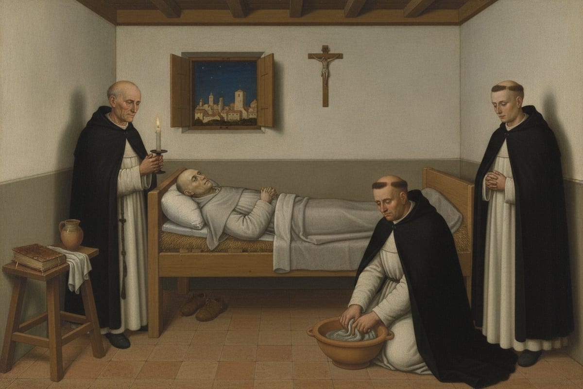 A painting of a bare whitewashed cell at night: a thin tonsured friar lies on a low wooden bed with his hands joined on his chest, while one friar in a black cloak holds a candle, a second kneels wringing a cloth over an earthenware basin and a third stands with clasped hands; a crucifix hangs on the wall, a book, a jug and a cloth sit on a stool, and a small window shows the towers of a city under a starry sky.