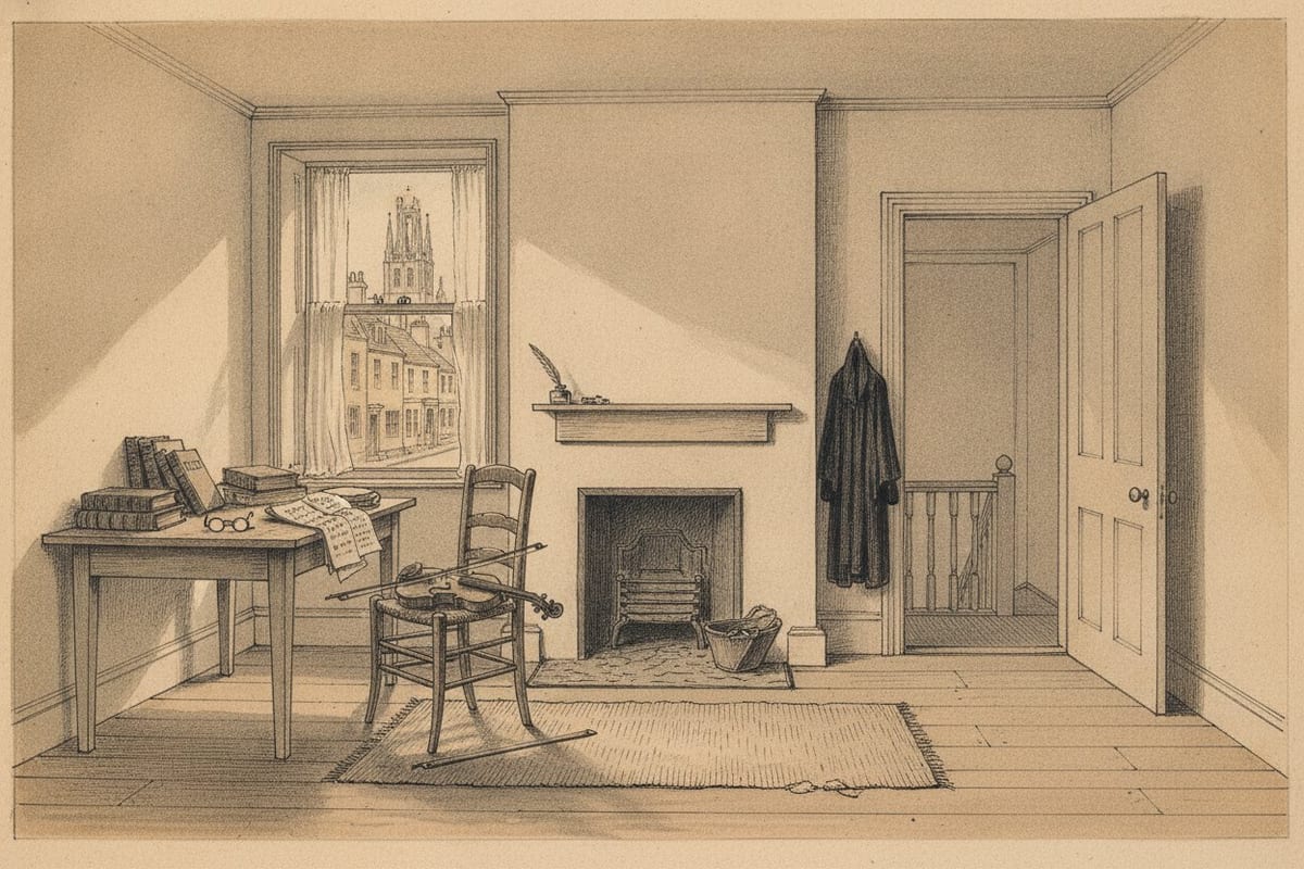 Pen-and-wash drawing of a plain upstairs room with books and spectacles on a table, a violin lying on a rush-seated chair, a black gown on a peg, and an open door onto a staircase, with a college tower seen through the window.
