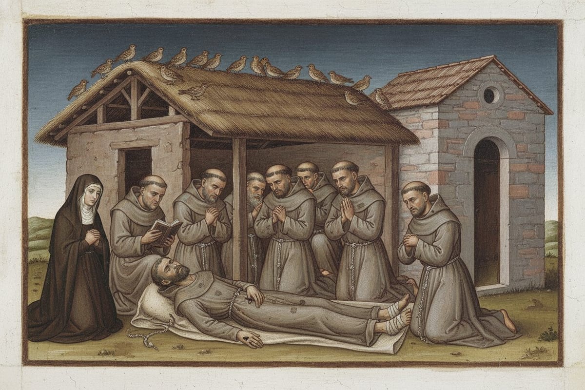 A painting in a medieval style shows a thin, tonsured friar with bandaged feet lying on sackcloth outside a thatched hut, surrounded by kneeling, praying friars in grey-brown habits, one reading from a book, with a veiled woman kneeling at the left, a small stone chapel at the right and a row of small brown birds on the roof.