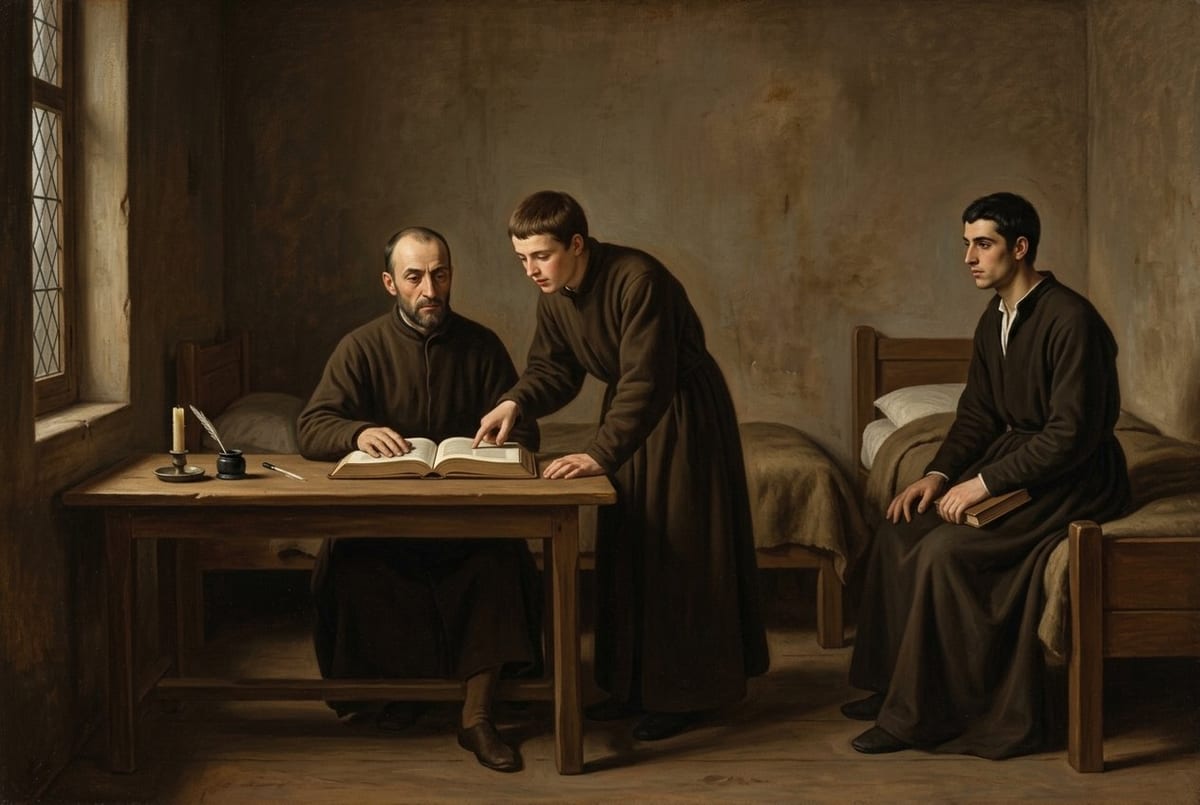 An oil painting of a bare plastered student room lit from a leaded window, where a balding bearded man sits at a wooden table with an open book while a young man leans over and points to a line, and a second young man sits on a bed at the right holding a closed book.
