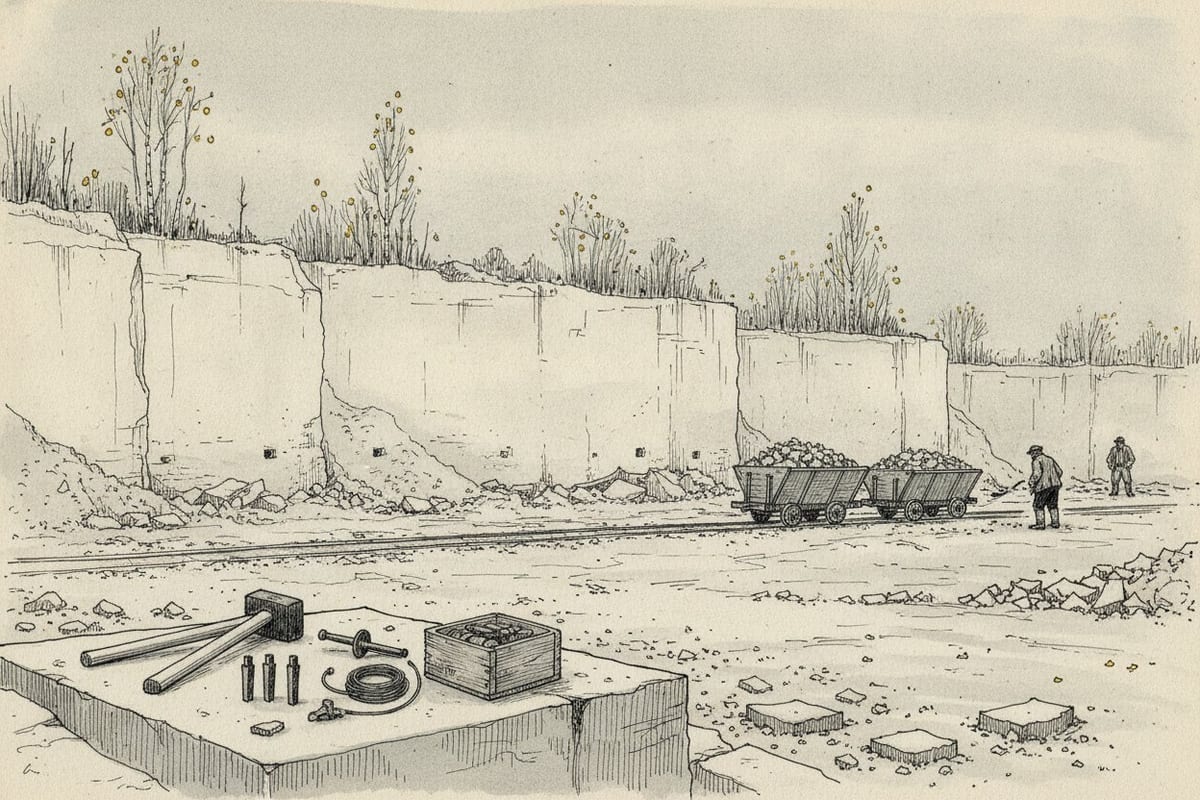 Ink-and-wash drawing of a dry limestone quarry. A tall, pale, cut-stone wall runs across the picture under bare autumn trees. Two wagons of broken stone stand on a narrow track, two small workmen stoop in the distance, and sledgehammers, iron wedges, a hand drill, a coil of fuse and a wooden box lie on a stone block in the foreground.