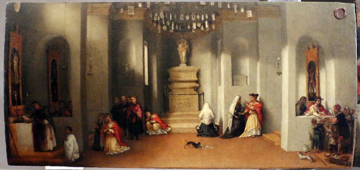 A church interior with a stone tomb monument at the centre; St. Lucy, in a yellow gown and red cloak, faces her mother Eutychia in white while a kneeling woman, a group of figures and a priest at the altar on the left fill the room, and on the right the poor receive alms at a doorway.