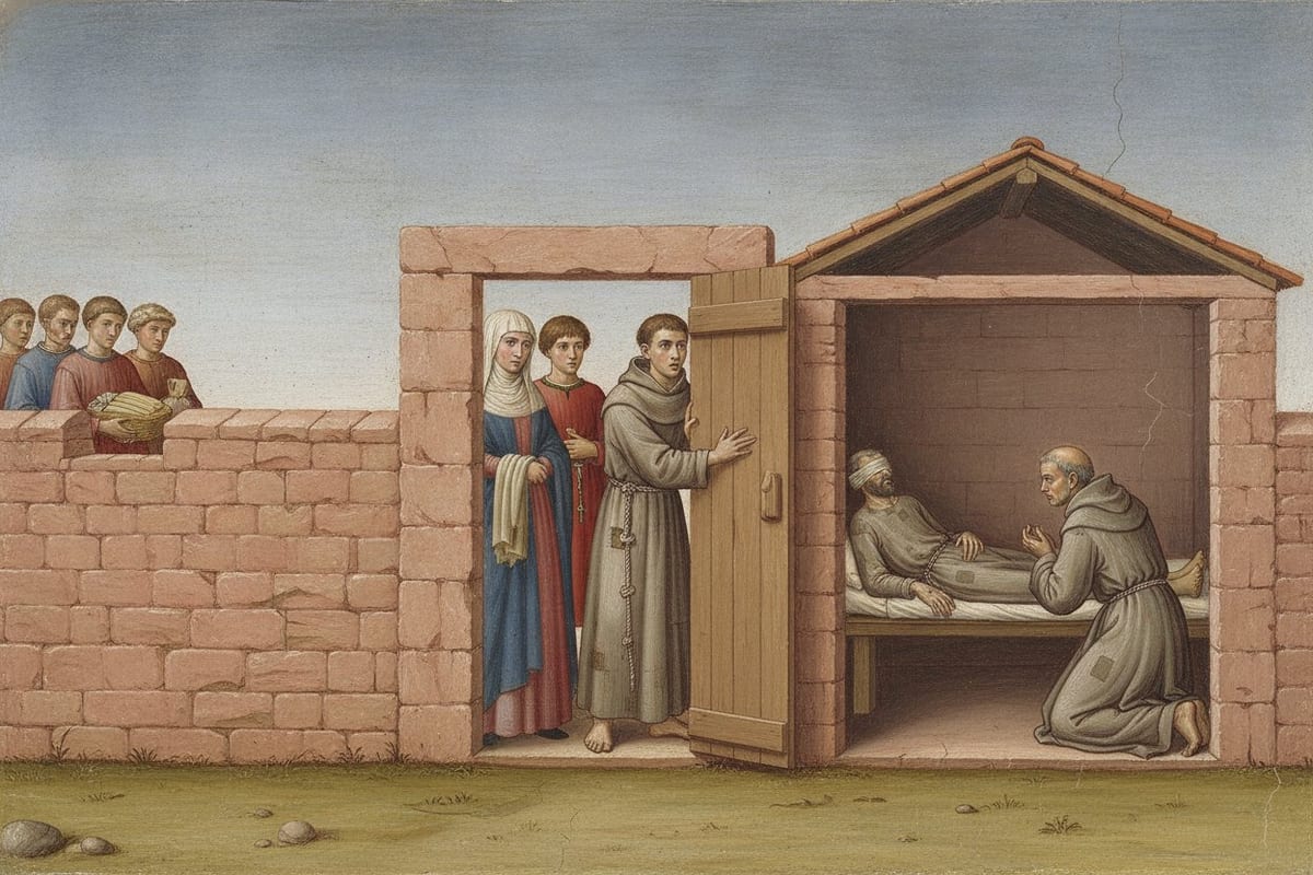 A painting in the style of an early Italian fresco: a noblewoman in a blue gown and rose mantle, holding a folded cloth, stands with her son at an open wooden door in a pink stone wall. A barefoot friar in a grey habit holds the door, servants with a basket look over the wall, and in a small open hut to the right a blindfolded friar lies on a pallet while another kneels beside him.