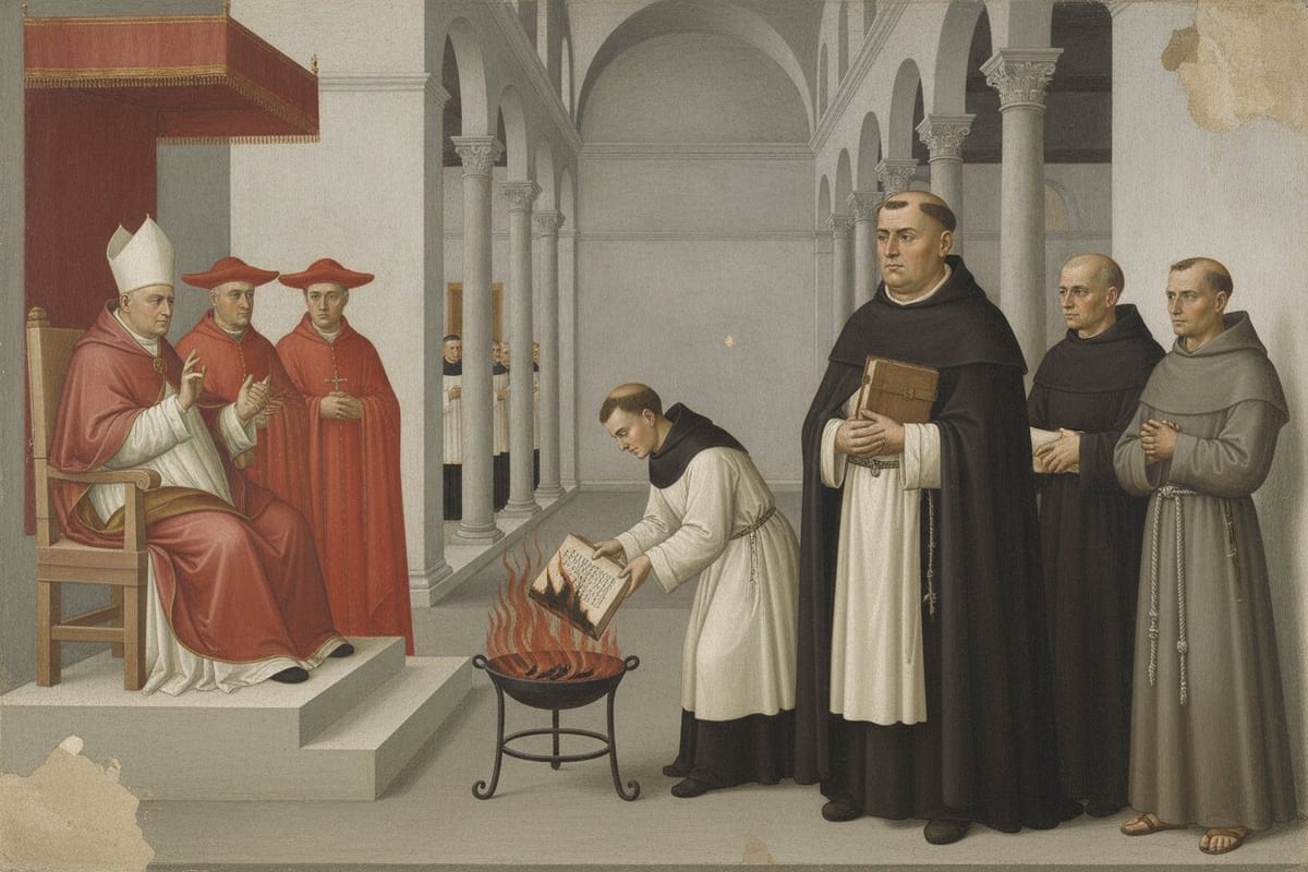 A painting in the manner of an old Italian fresco: a pope in a white mitre and red mantle sits on a stone dais with two cardinals in red hats beside him, while a young cleric drops a book into a flaming iron brazier and three friars stand watching at the right, the nearest a tall, heavy, tonsured Dominican in white under a dark cloak, holding a closed book.