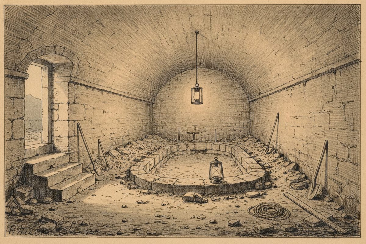 An ink-and-wash drawing of an empty barrel-vaulted stone cellar, its floor dug open around a ring of old dressed-stone foundations, with shovels leaning on the walls, a coil of rope and two oil lanterns, and worn steps rising to a daylit doorway on the left.
