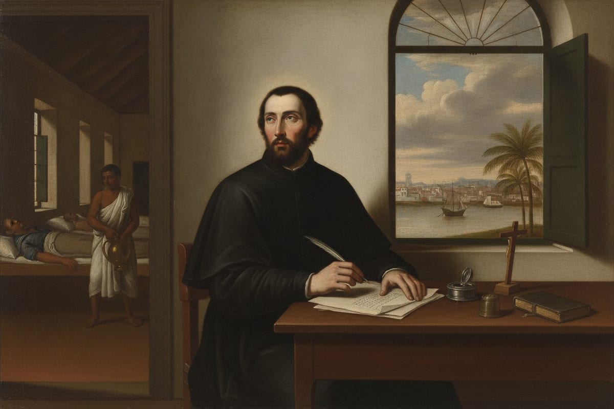 An oil painting of a black-bearded priest in a black cassock at a wooden table, pausing with a quill over a letter and looking up. A small wooden crucifix and a book are on the table, and a window shows palms and sailing ships at anchor on a river. Through a doorway on the left, a sick man lies on a cot in a hospital ward while an attendant in white cotton carries a brass jug.