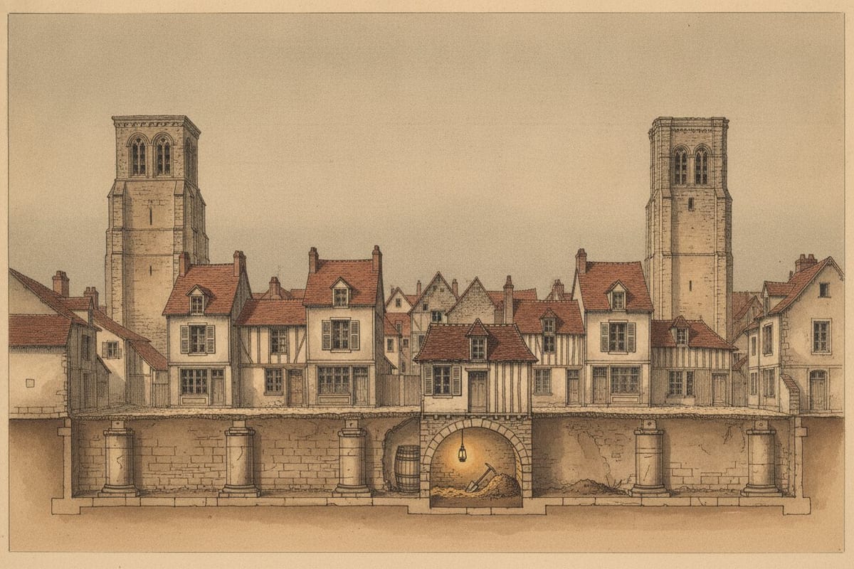 A pen-and-wash drawing in cut-away section of a row of old town houses between two tall square stone towers, with the ground beneath opened to show ancient column bases and, under the central house, a lamp-lit vaulted cellar dug out with a shovel and pickaxe on the spoil.