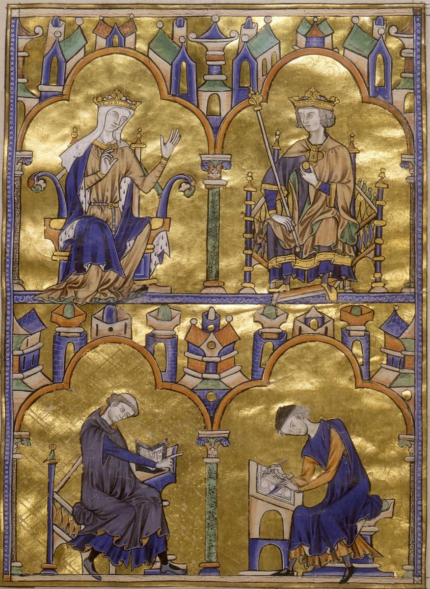 A gilded manuscript page divided into two panels: above, a crowned queen raises her hand beside a crowned young king holding a sceptre; below, a robed author reads from a book while a scribe in blue writes at a sloped desk, all under Gothic arches.