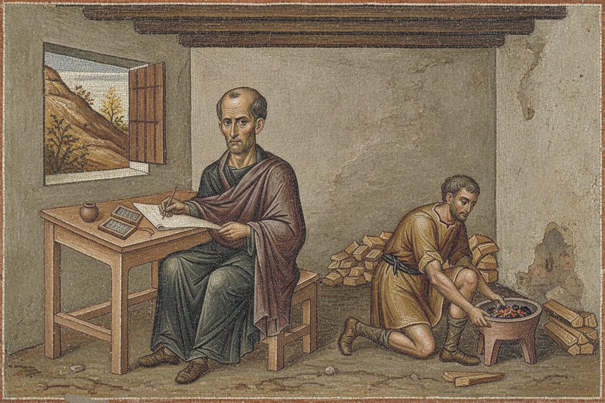 A mosaic of a bare stone room with a timber ceiling: on the left an elderly bald man with a grey beard, in a dark tunic and brown cloak, sits at a wooden table writing on a sheet beside a window onto a brown autumn hillside, while on the right a younger man in a belted brown tunic kneels to tend a clay brazier of glowing charcoal beside a stack of firewood.