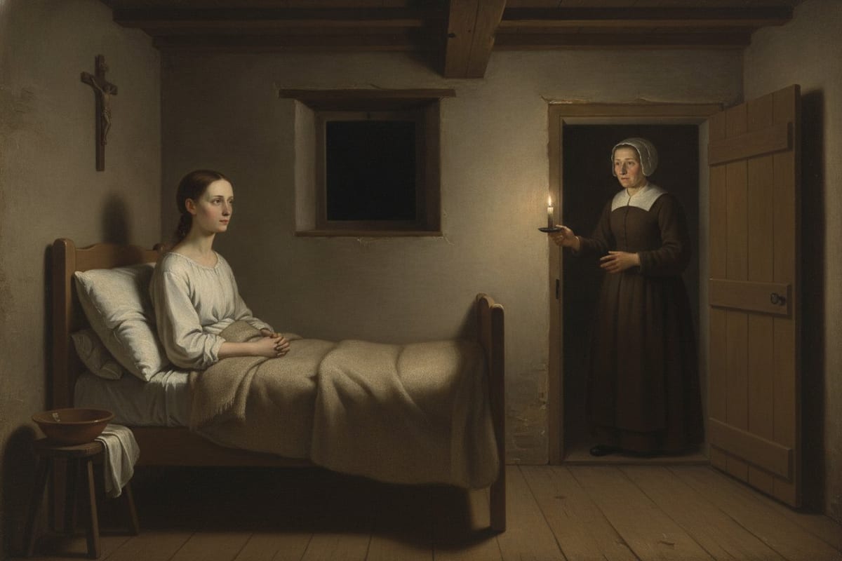 In a dim plastered farmhouse bedroom with a beamed ceiling and a small dark window, a pale young woman in a white linen shift sits up in a wooden bed with her hands joined, while an older woman in a brown gown, white collar and white coif stands in the open plank door holding a lit candle; a plain crucifix hangs on the wall.