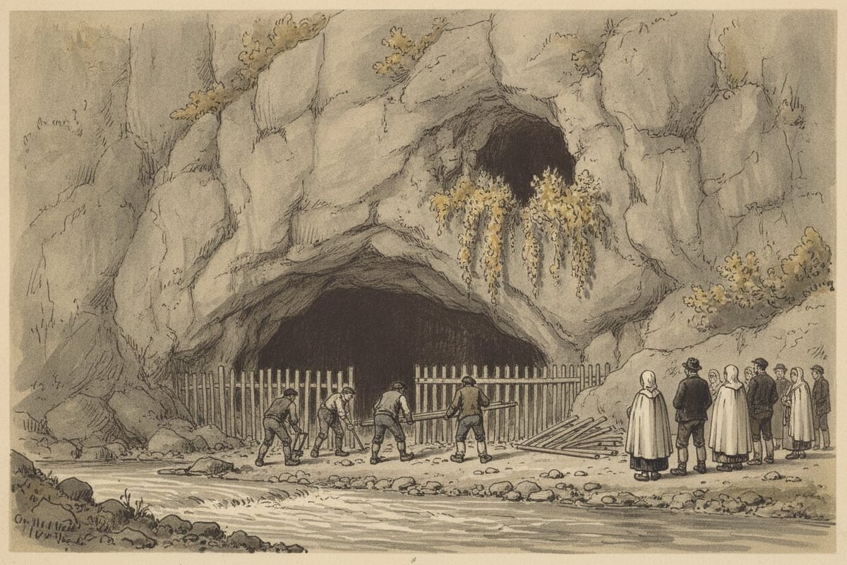 An ink-and-wash drawing of a low cave in a tall grey rock face above a river, where four workmen pull down a wooden paling fence across the cave mouth while a small group of women in long white hooded capes and men in dark jackets look on.