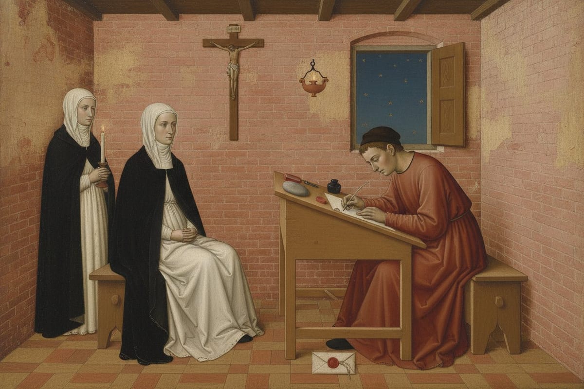 A painting in the Sienese panel style of a woman in a white veil and tunic and a black mantle, seated on a bench in a pink-brick room at night, while a young man in a red-brown gown writes at a sloping desk across from her. A second veiled woman stands behind her holding a candle, a crucifix hangs on the wall, and a letter sealed with red wax lies on the floor.