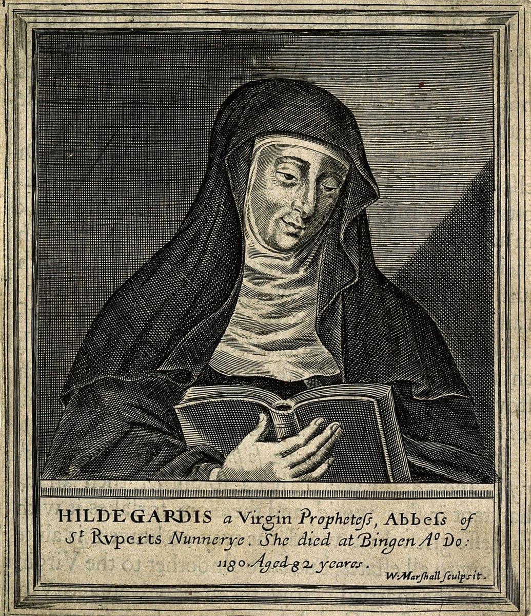 Black-and-white line engraving of a nun in a black veil and habit, her eyes lowered, holding an open book in her left hand, with a printed caption below her portrait.