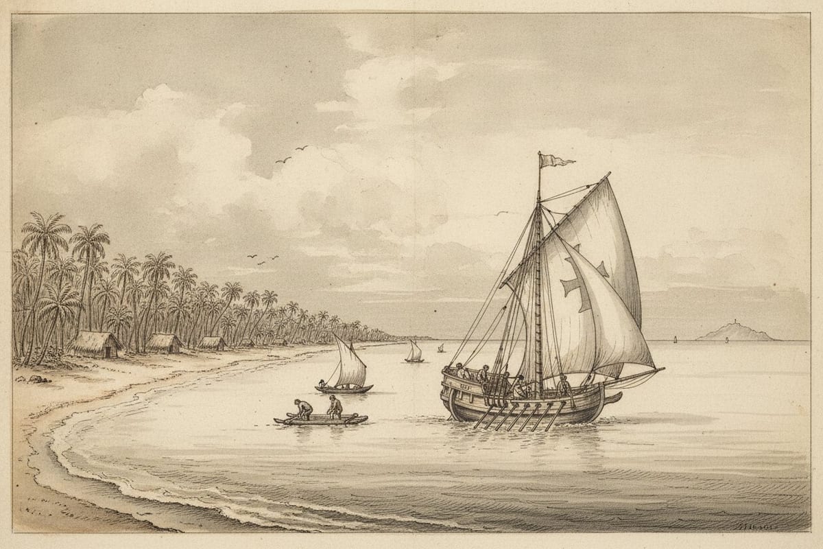 An ink and grey-wash drawing of a small sailing ship with oars and a cross on its sail passing a sandy shore lined with coconut palms and thatched huts, two fishermen on a raft and small sailing boats inshore, a headland on the far horizon.