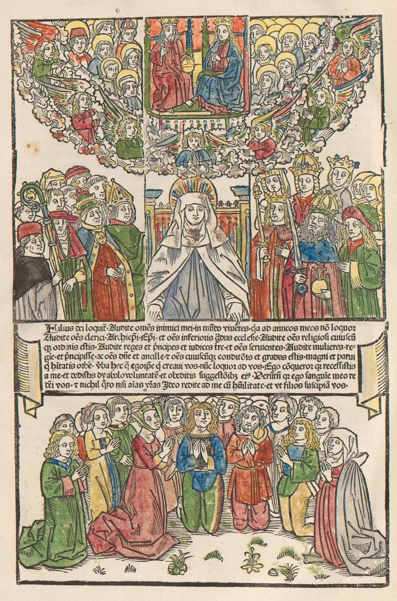 A hand-coloured woodcut in three tiers: angels and saints in the clouds above, a central panel of Christ and Our Lady enthroned, and below them St. Bridget in grey-white veil and blue mantle flanked by bishops and crowned kings on one side and princes on the other, with a kneeling crowd and a Latin inscription banner between the tiers.