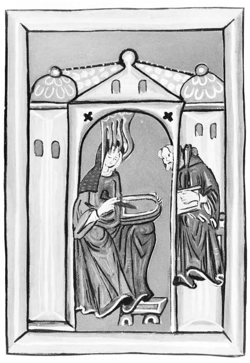 A painted miniature in a pale arched frame: a nun in a dark veil and habit stands in an arch holding a tablet, while a monk with a book stands at the right, and a small head peers from behind the arch.
