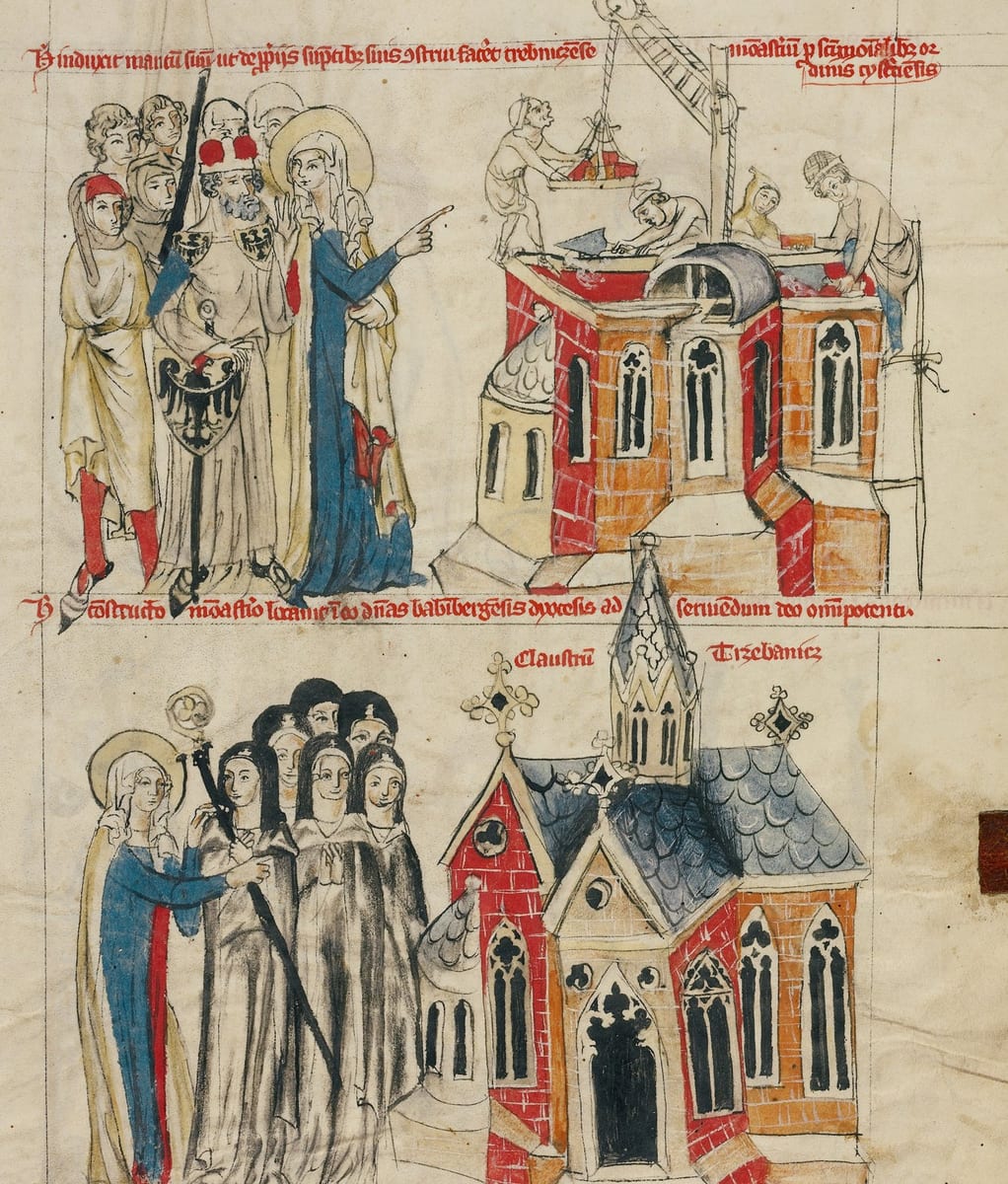 A medieval manuscript illumination in two scenes: at left, a haloed woman in blue points as she speaks to a crowned, bearded duke holding a shield, surrounded by attendants; at right, masons and carpenters work atop the brick walls of a church under construction, with a crane lifting materials to the roof.