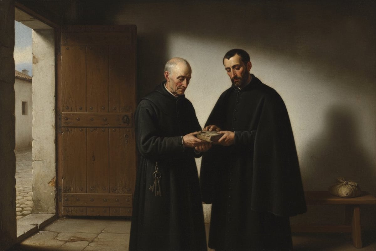 A painting of two Jesuits in black cassocks standing by a half-open wooden door. An old, balding lay brother with keys hanging at his side places a small worn book into the hands of a younger bearded man in a black cloak, who looks down at it.