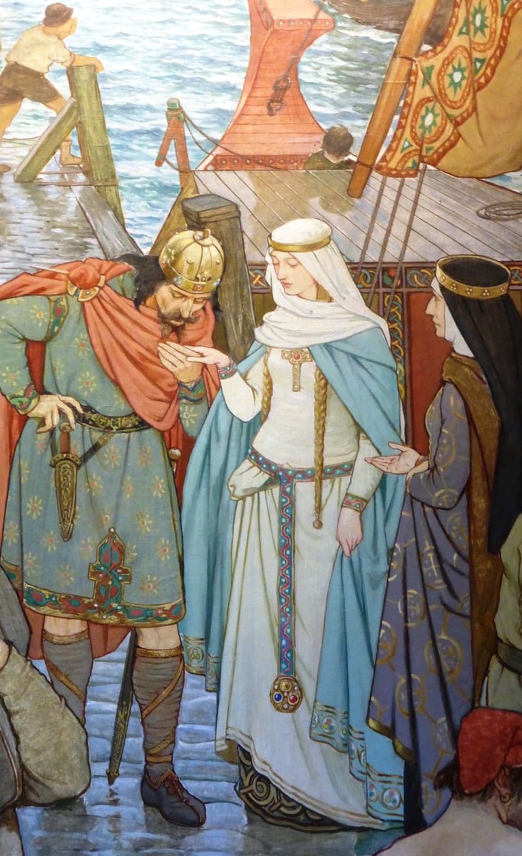 A detail of a mural showing a crowned, bearded king bowing over the hand of a young woman in a white veil and blue cloak, with another woman beside her and a longship and dock behind them.