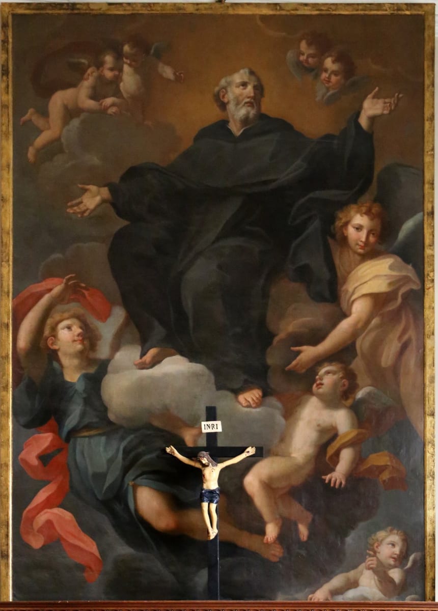 A painting of an elderly, bearded friar in a black Servite habit, rising into clouds among angels and cherubs, his arms spread, above a crucifix in the foreground.