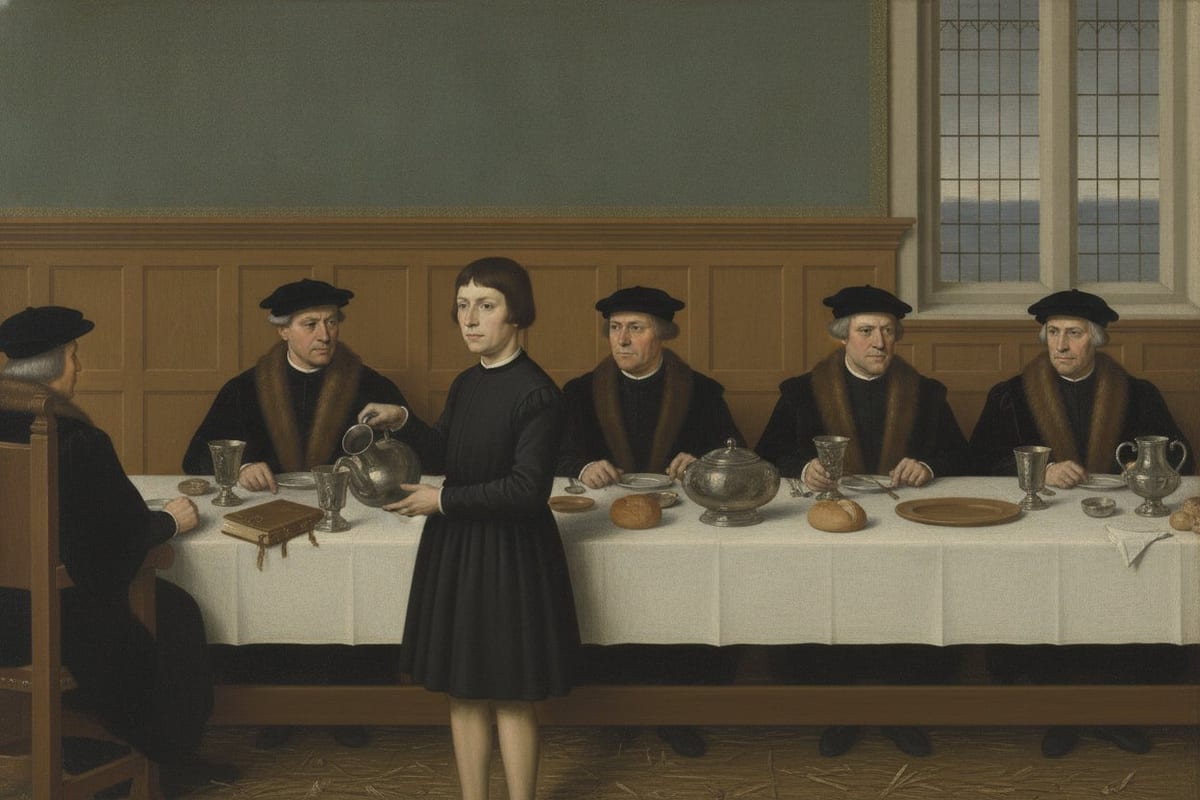 A painting in a Tudor panelled hall: a dark-haired boy in a plain black coat stands before a long white-clothed table, pouring from a pewter ewer, while an old white-haired man in a black cap sits at the left end and four men in black caps and fur-collared gowns sit along the far side with cups, loaves and a clasped book on the cloth.